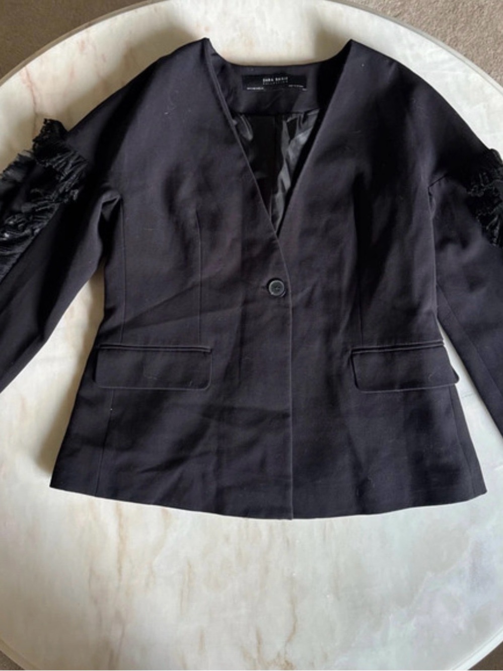 Zara Black Single-Button Blazer with Lace Sleeve Accents
